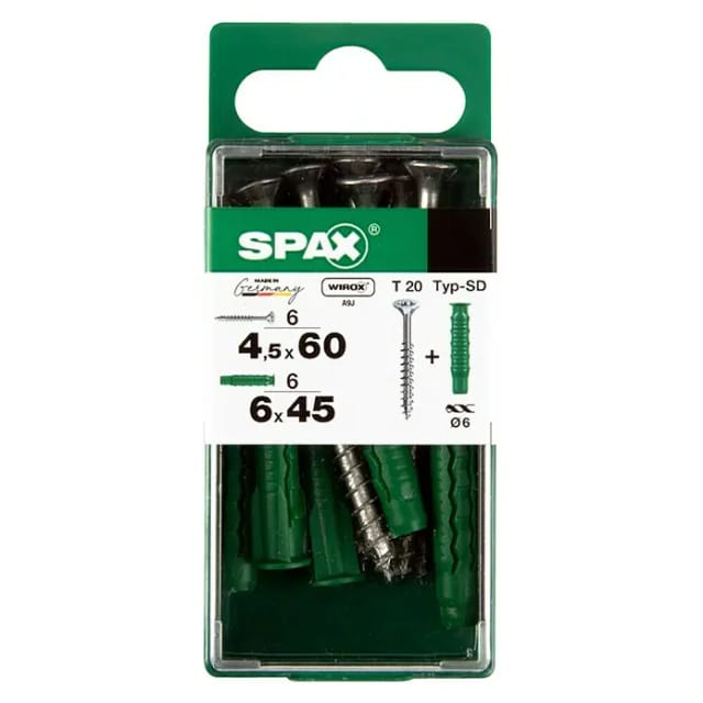 Spax Universalschraube Senkkopf T-Star plus T20 Stahl Ø 4,5 x 60 mm inkl. Dübel Typ-SD Ø 6 x 45 mm 6 Stück