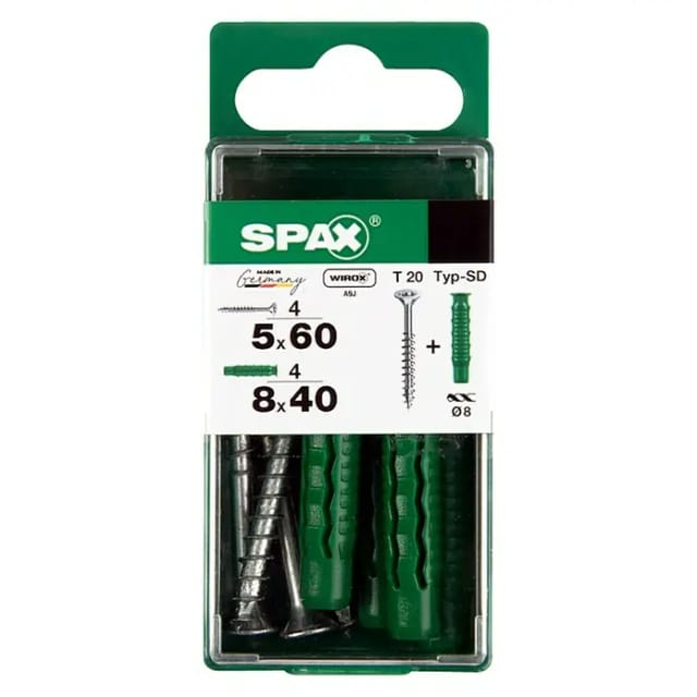 Spax Universalschraube Senkkopf T-Star plus T20 Stahl Ø 5 x 60 mm inkl. Dübel Typ-SD Ø 8 x 40 mm 4 Stück