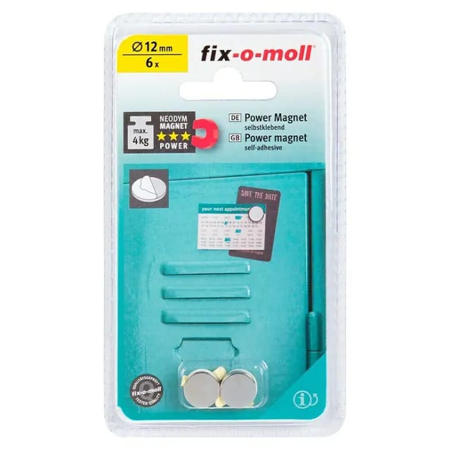 Fix-o-moll Magnetscheibe 'Neodym' silbern selbstklebend Ø 12 x 1,5 mm, 6 Stück