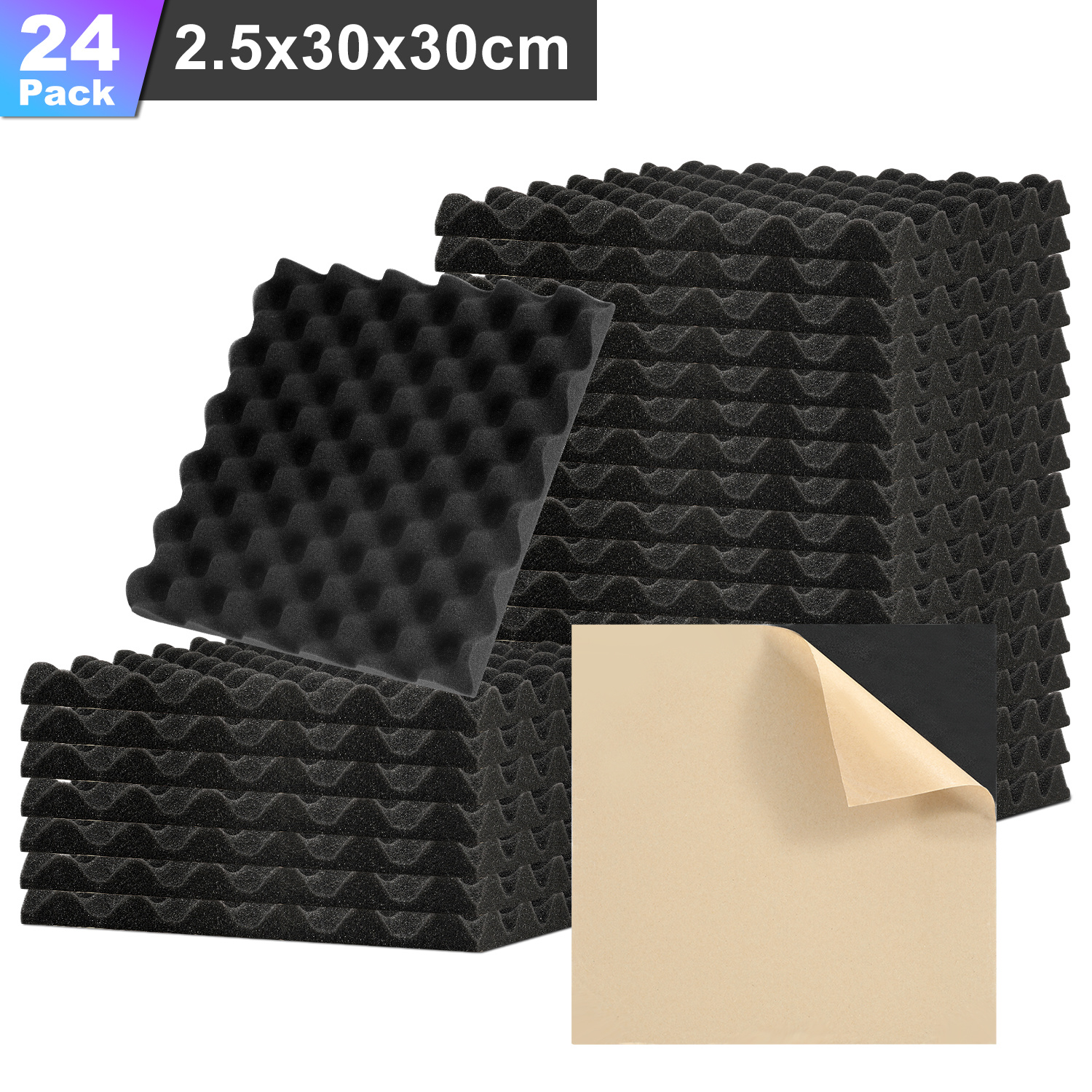 Randaco 24 Paneles Acústicos Adhesivos, Ranuras Ondulado, 30 X 30 X 2.5 Cm, Paneles Insonorizantes Para Un Aislamiento Acústico Eficaz, Color Negro