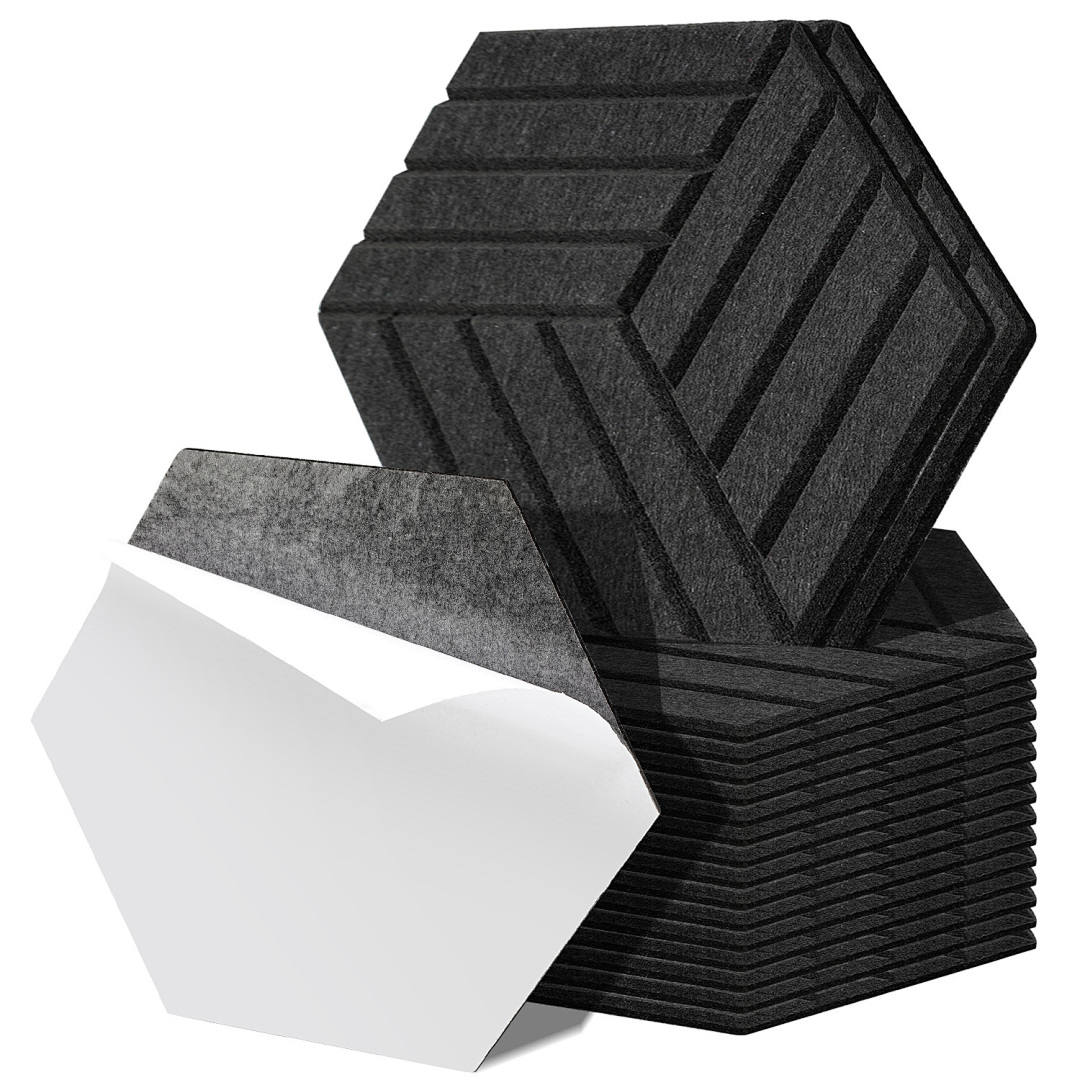 Randaco Paneles Acústicos Pared Autoadhesivos, Pack De 18 De Fieltro, Lado 15 Cm, Grosor 0,9 Cm Negro, Hexagonales A Rayas