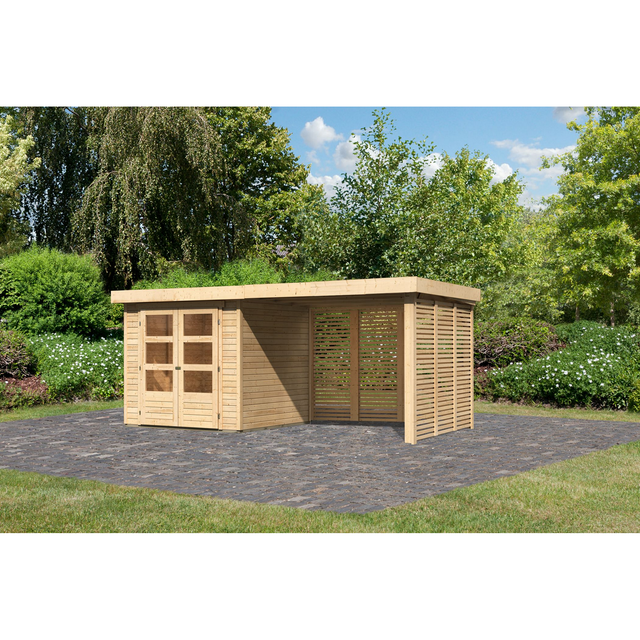 Karibu Gartenhaus-Set 'Raskola 2' naturbelassen mit Anbaudach 504,5 x 211 x 238 cm