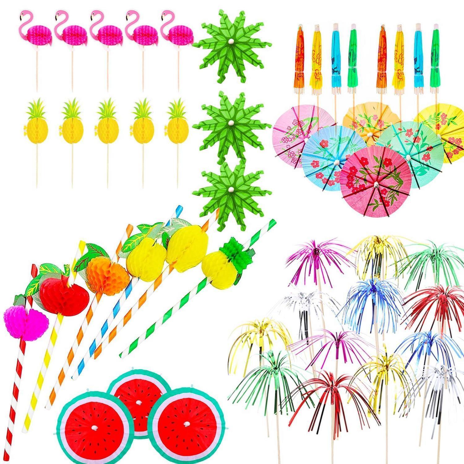 120tlg Cocktail Deko Set: Schirmchen, Ananas, Flamingos & Strohhalme Für Partys