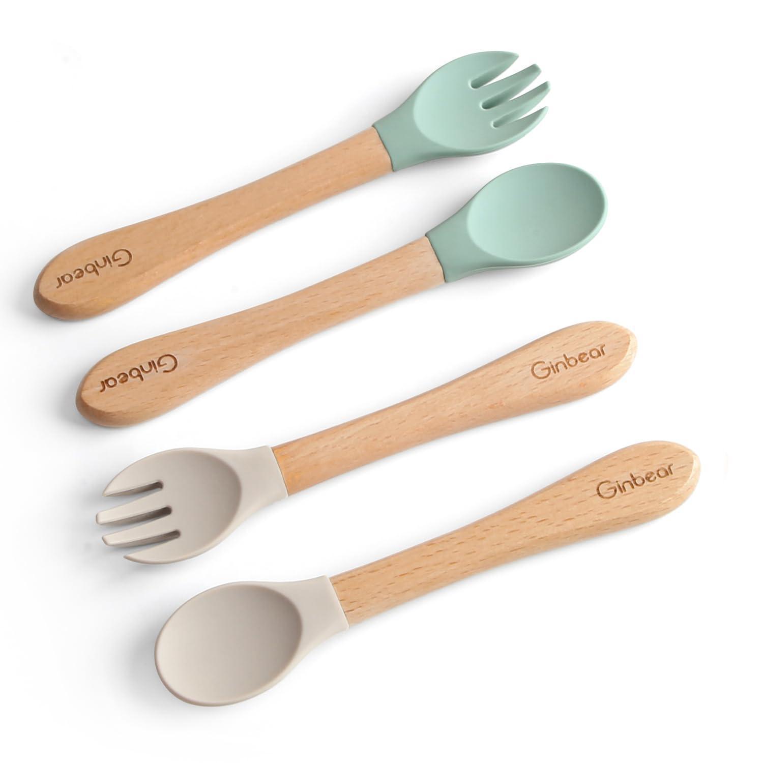 Baby Löffel Und Gabel Set, Silikon, Selbstfütterung, Ab 6 Monaten, Hellgrün/mandel