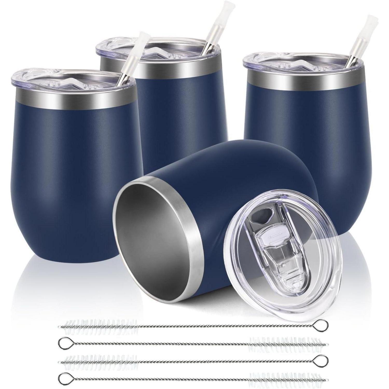 4er Set Edelstahl Weinbecher Mit Deckel, Doppelwandig, 350ml, Dunkelblau