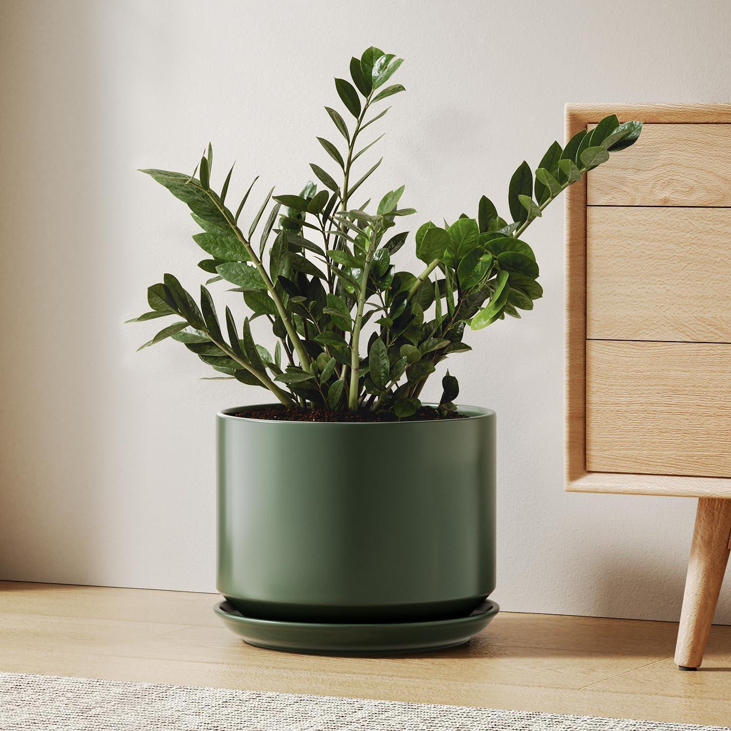 Keramik-blumentopf 25cm Mit Untersetzer, Matt, Grün