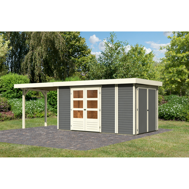 Karibu Gartenhaus-Set 'Betola 5' terragrau mit Anbauschrank und Anbaudach 330 x 211 x 238 cm