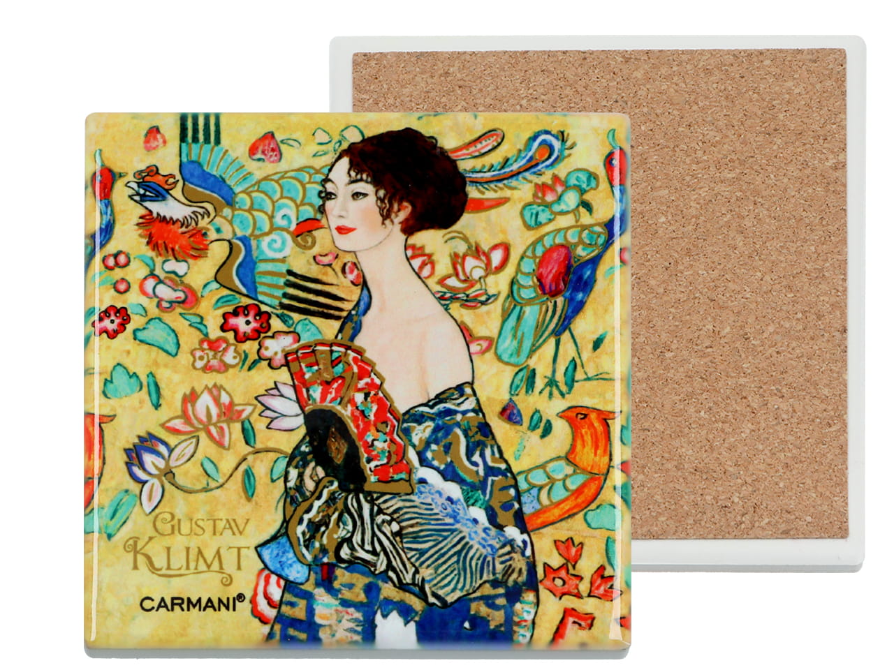 Carmani, Quadratischer Keramikuntersetzer – Klimt/dame Mit Fächer