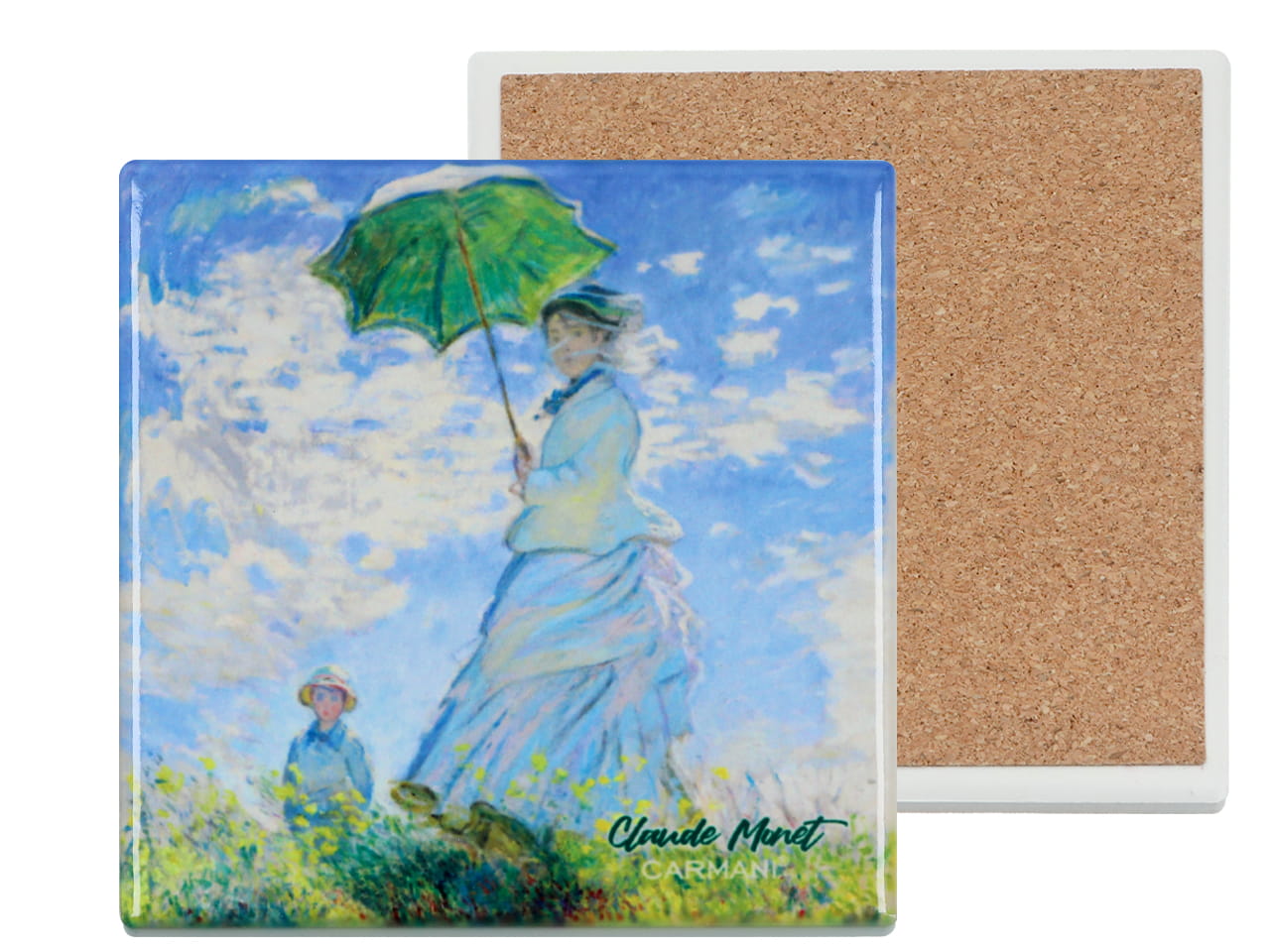 Carmani, Quadratischer Keramikuntersetzer – Claude Monet/frau Mit Sonnenschirm