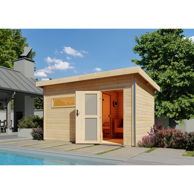 Woodfeeling Massivholzsauna 'Skrollan 3' mit Vorraum und Ofen natur 396 x 227 x 231 cm, 9 kW