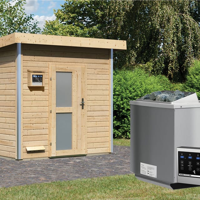 Karibu Saunahaus 'Norge' natur 9 kW Bio-Ofen, Steuerung Easy, Milchglastür 231 x 196 x 238 cm