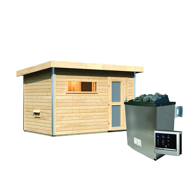 Karibu Saunahaus 'Skrollan 1' natur 9 kW Ofen, Steuerung Easy, Milchglastür, Vorraum 336 x 196 x 228 cm