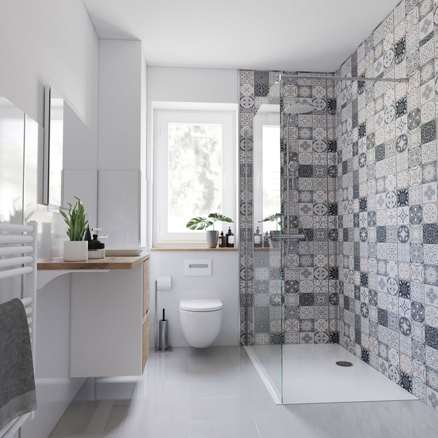 Breuer Duschrückwand Fliesenoptik mediterranes Design grau/weiß/beige 150 x 255 cm