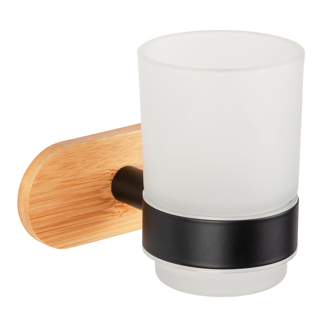 Wenko Zahnputzbecher 'Turbo-Loc Orea Bamboo' Bambus, Glas satiniert mit Halterung