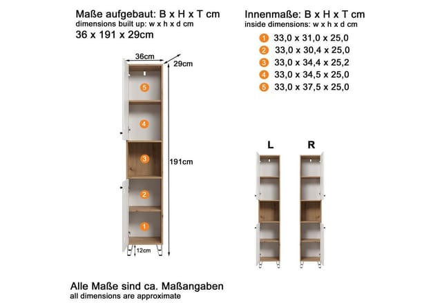 Hochschrank 'Touch' weiß, braun matt 36 x 191 x 29 cm