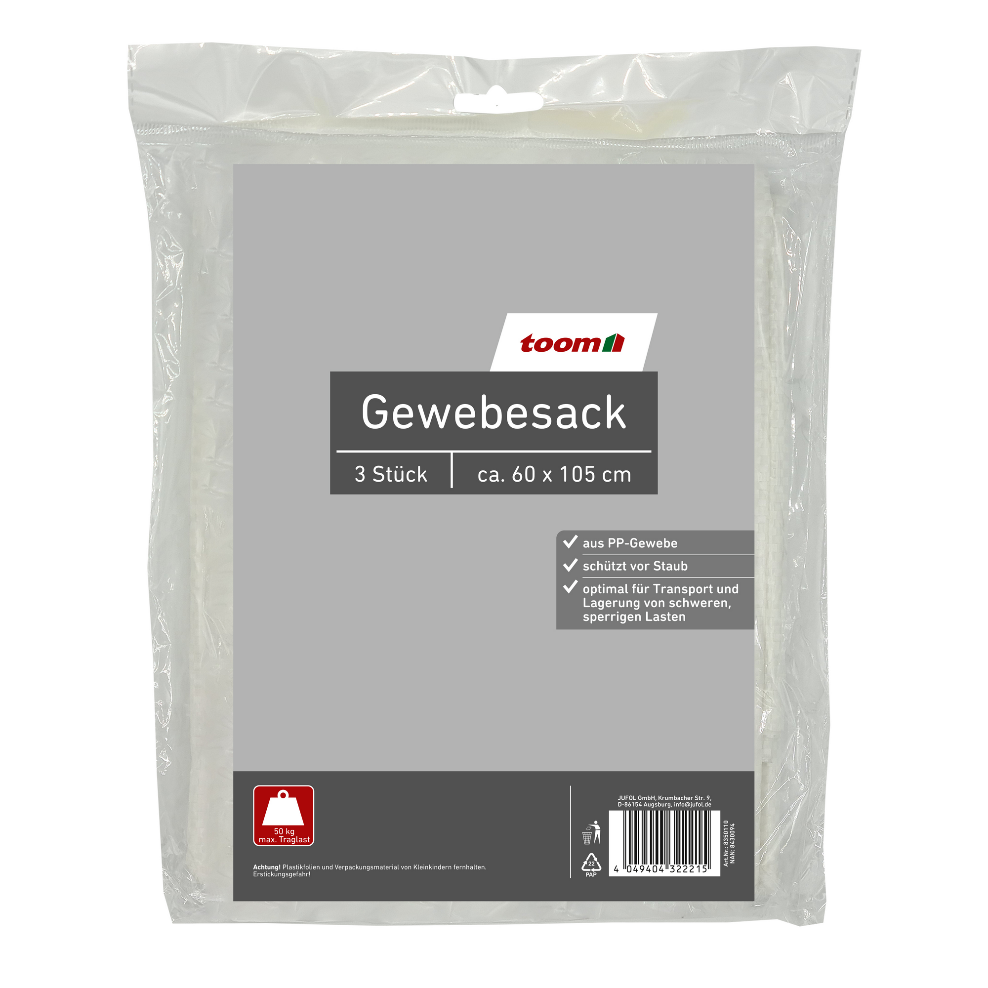 toom Gewebesack Polypropylen weiß 60 x 105 cm 3 Stück