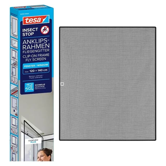 tesa Fliegengitter Anklipsrahmen Kunststoff anthrazit 120 x 140 cm