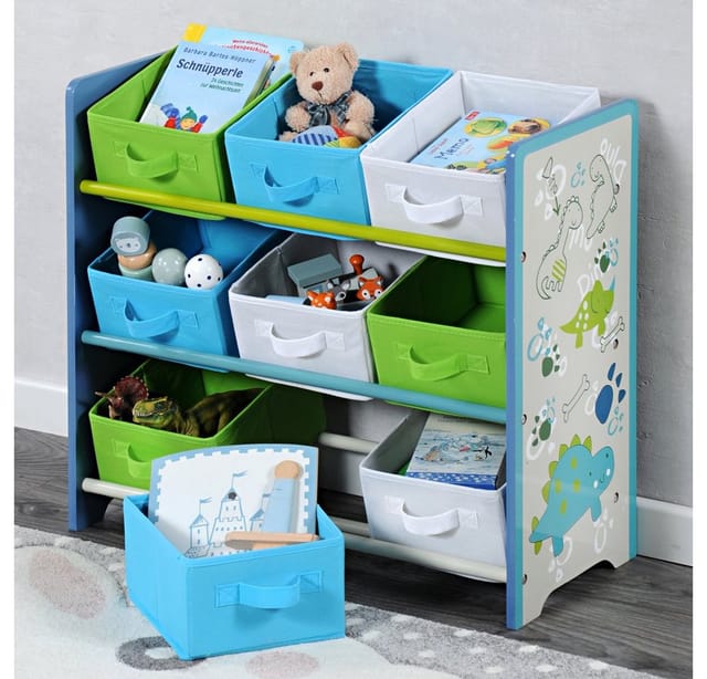 Kesper Kinder-Aufbewahrungsregal mit 9 Textilschubladen, mit dem Motiv Dino, B 66 x H 59,5 x T 30 cm