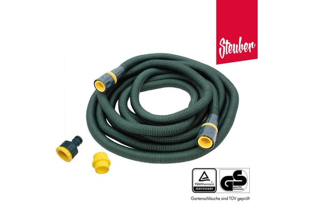 Steuber Flexibler Gartenschlauch Platinum GREEN mit 8 Sprühkopf-Funktionen, 8,3m, TÜV Süd Siegel, mit Innen- & Außenadapter