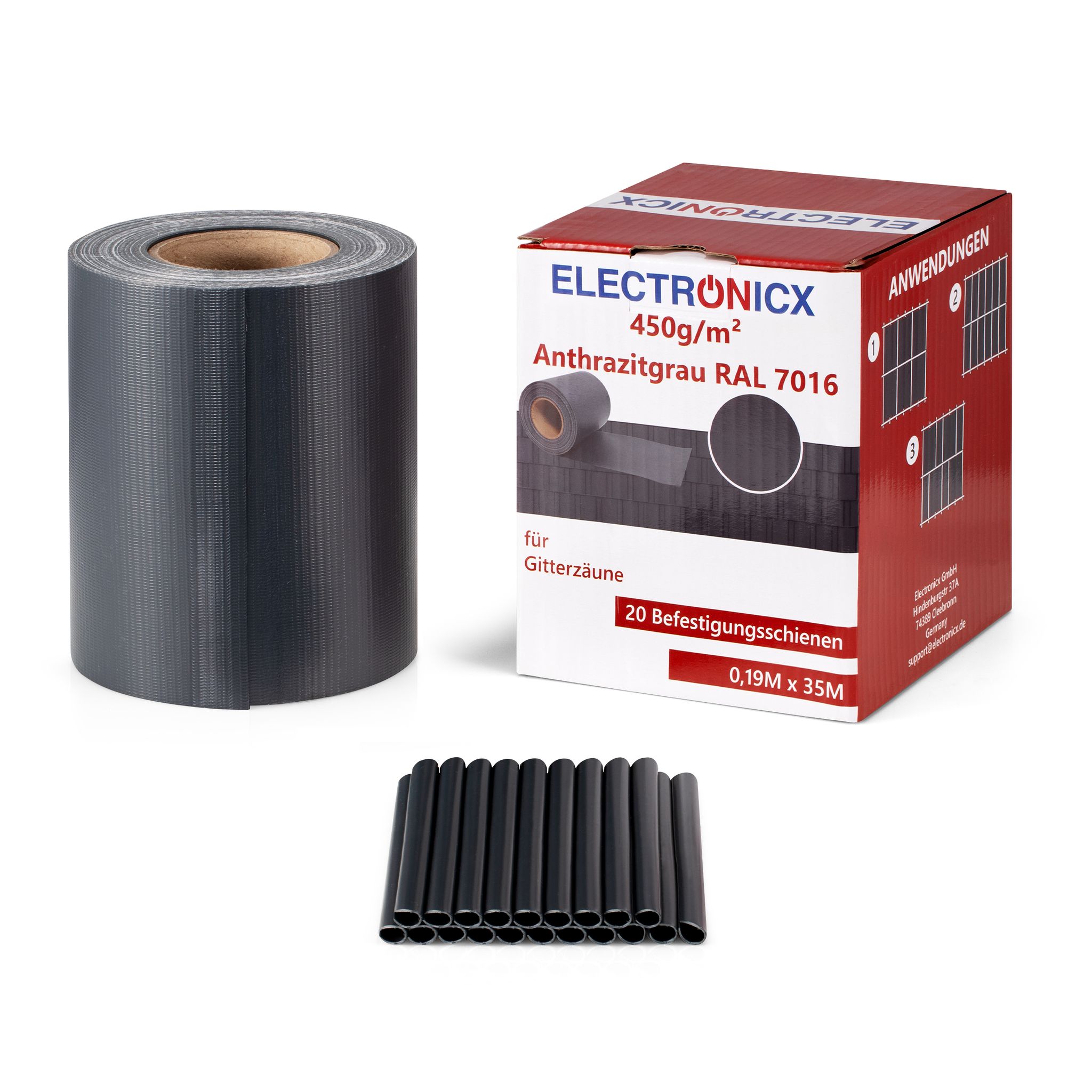 Electronicx Pvc Sichtschutzstreifen Sichtschutzrolle Anthrazit Doppelstabmatten 70m X 19cm 450g/m² Inkl. 40 Befestigungsclips - Premium