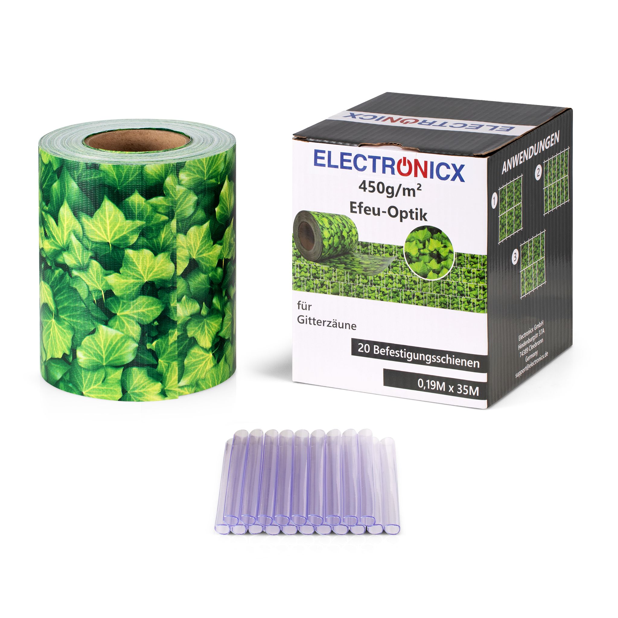 Electronicx Pvc Sichtschutzstreifen 2 Rollen À 35m Efeu-optik Doppelstabmatten 70m X 19cm 450g/m² Inkl. 40 Befestigungsclips - Premium