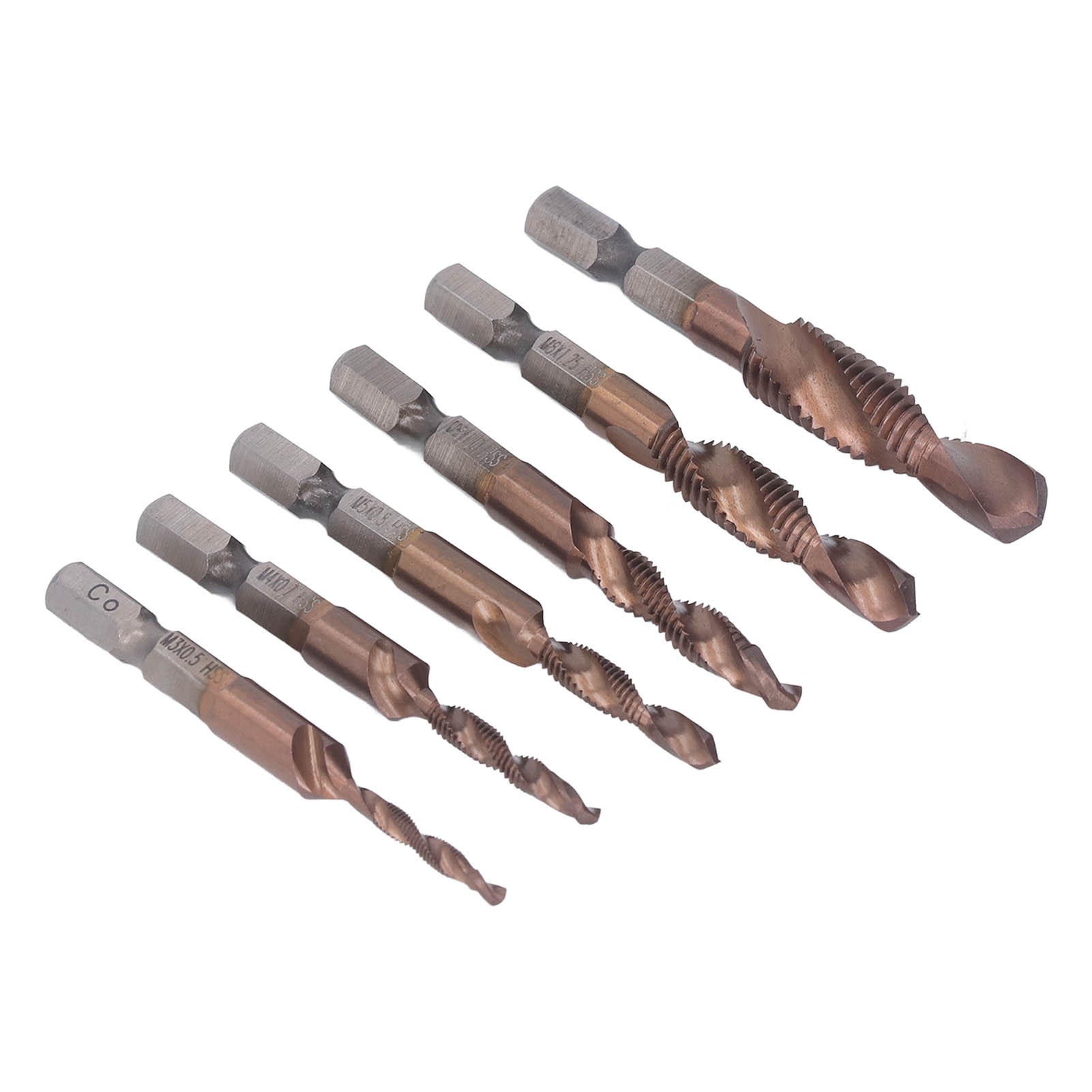 6-teiliges Gewindebohrer-set, Titanbeschichtet, M3, M4, M5, M6, M8, M10, Sechskantschaft, Für Stahl