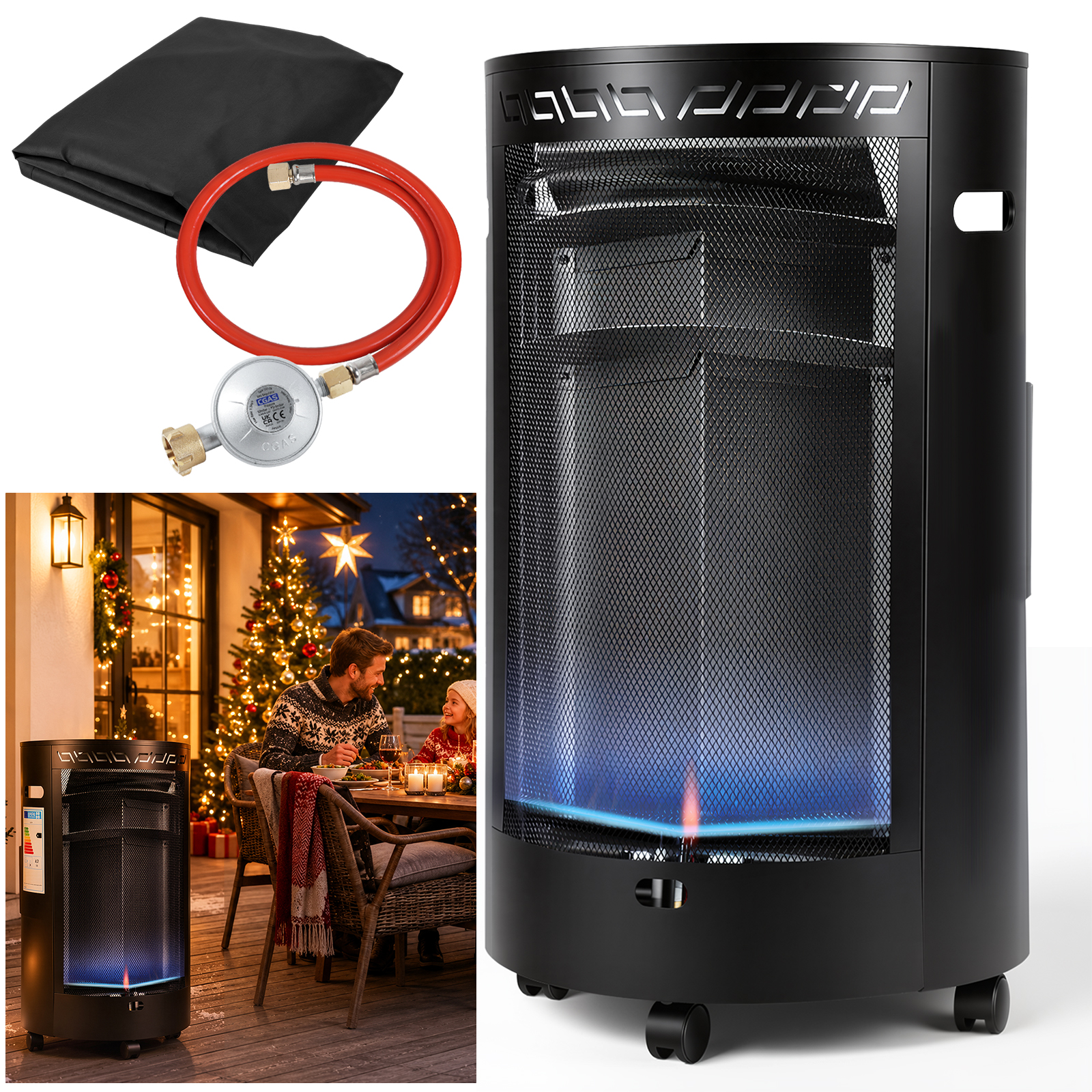 Jiubiaz Blue Flame Gasheizer 4200w Halbrund, 2 Heizstufen, Ods, Piezozündung, 4 Rollen
