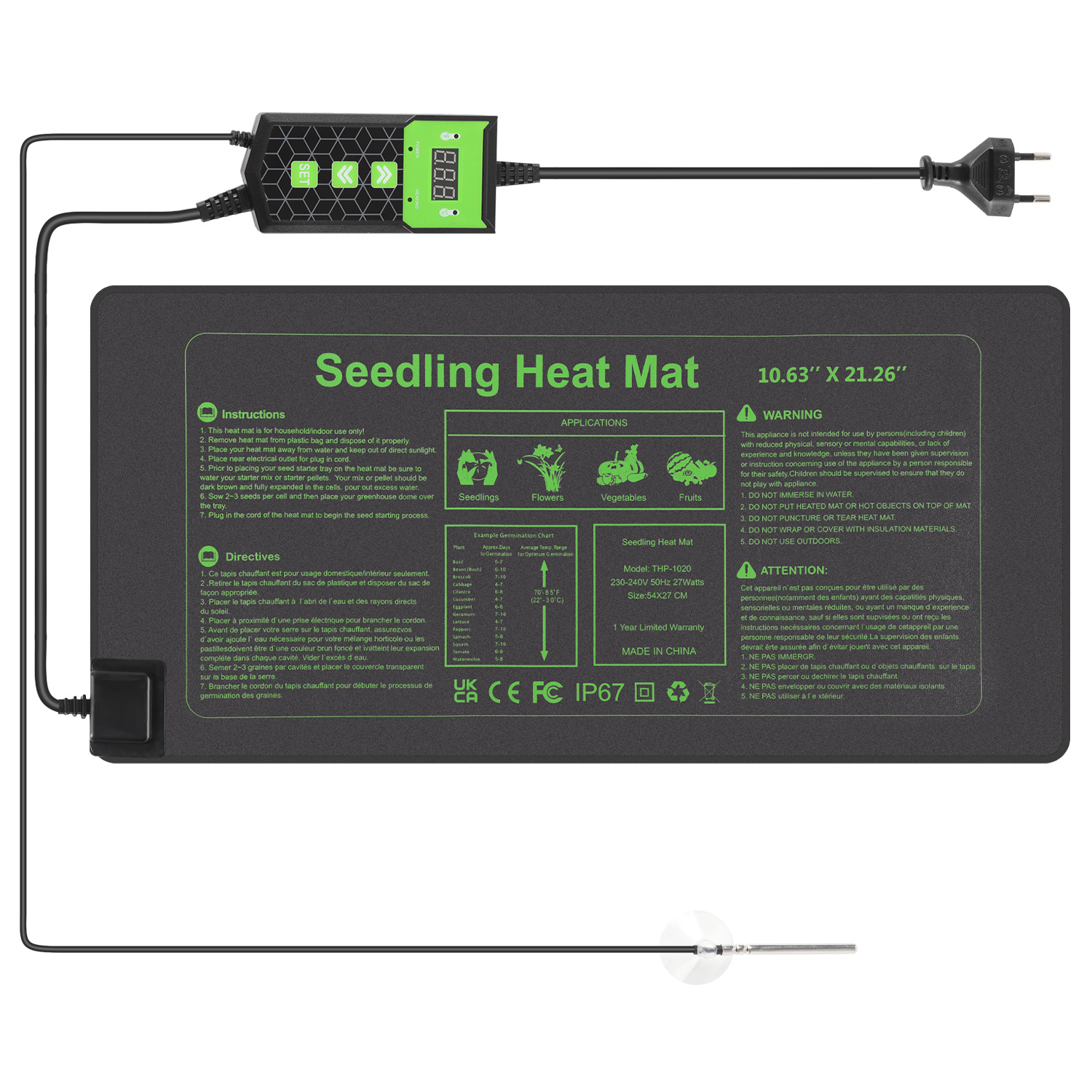 Jiubiaz Heizmatte Für Pflanzen 55×27 Cm 27w Mit Thermostat, 5–45 °c, Timer, Ip67