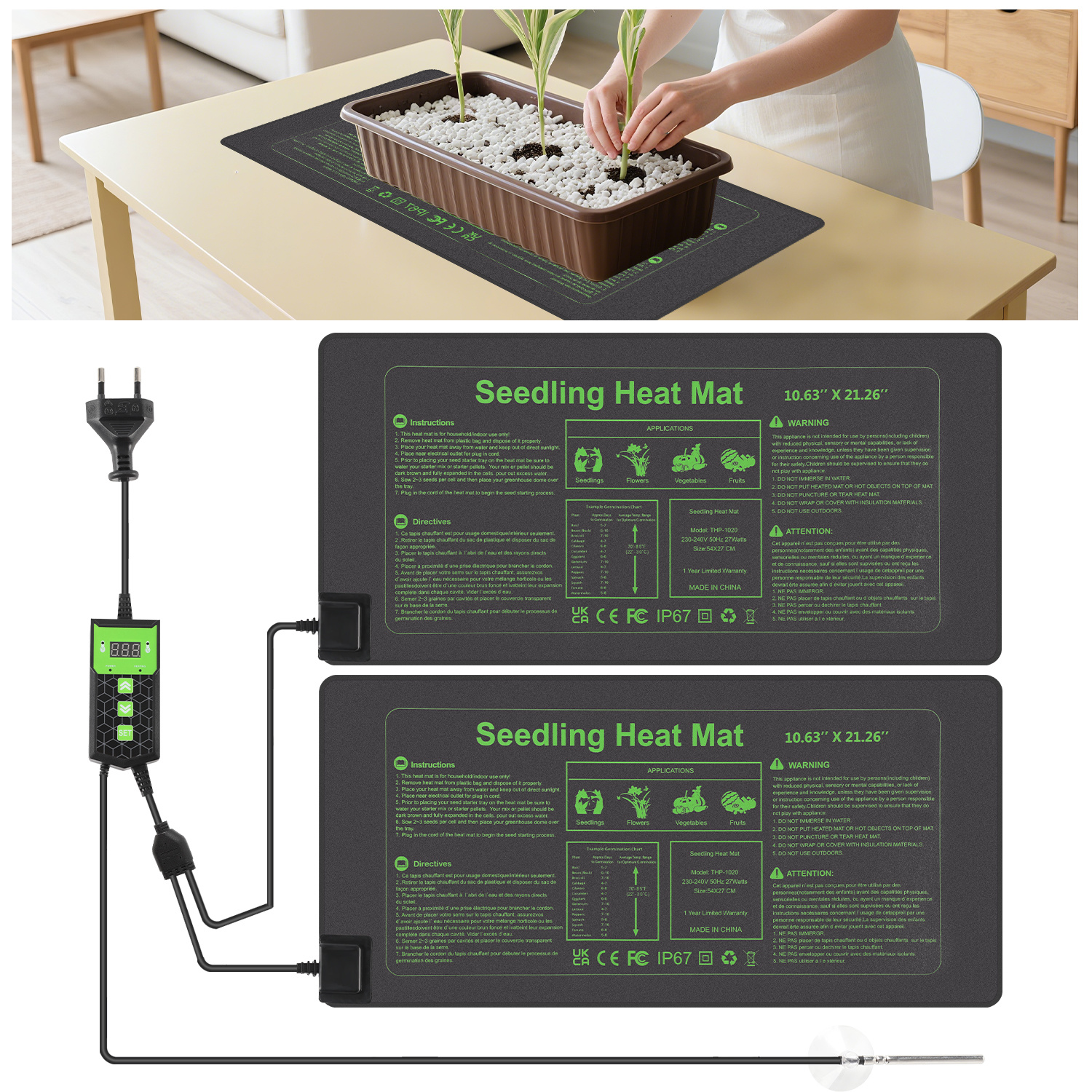 Jiubiaz 2× Anzuchtmatte 55×27 Cm Mit Thermostat Und Temperaturfühler, 55w, Ip67