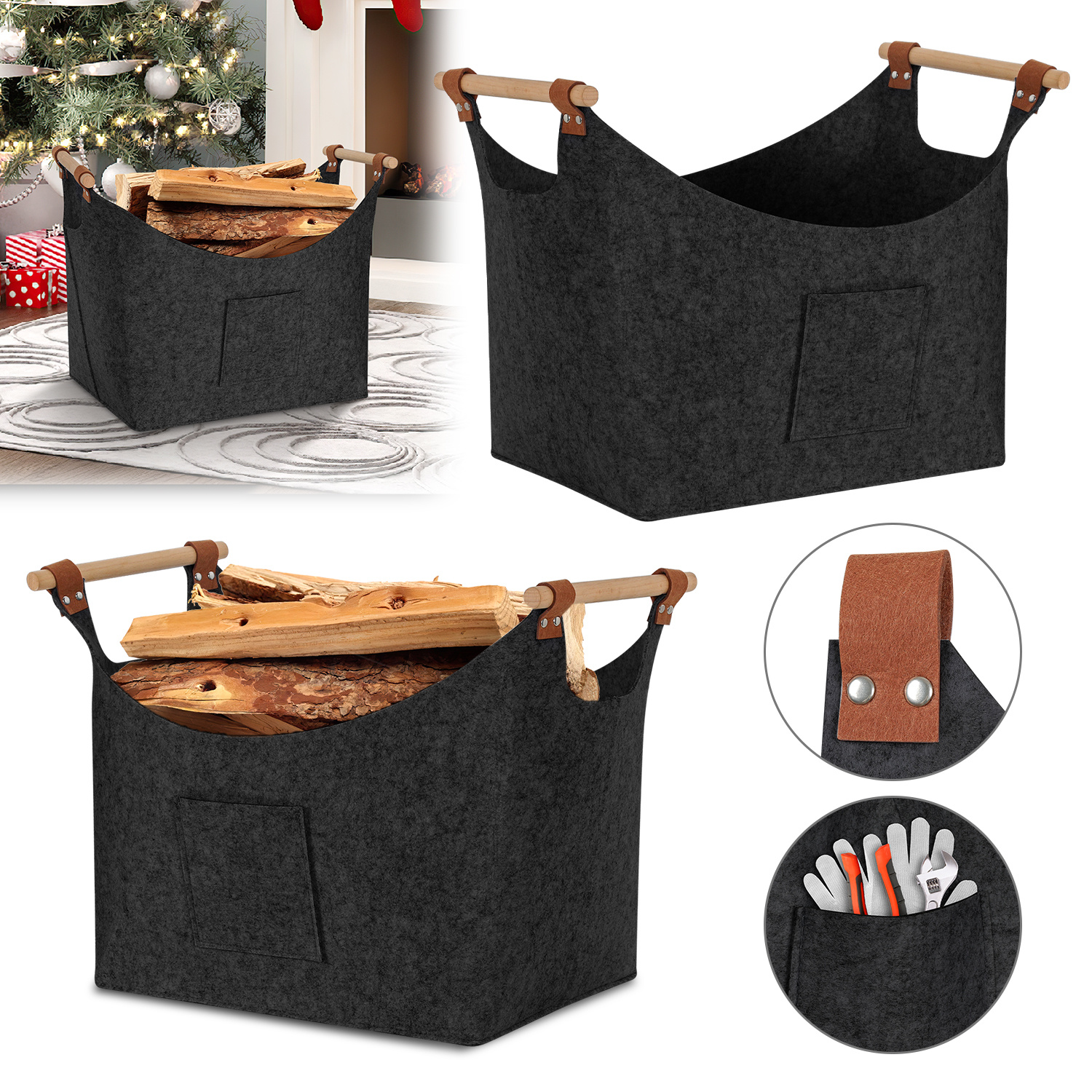 Jiubiaz 2er-set Filzkorb Mit Holzgriffen Für Kaminholz, Faltbar, Ca. 57 L, 45 X 40 X 32 Cm, 3 Mm, Dunkelgrau