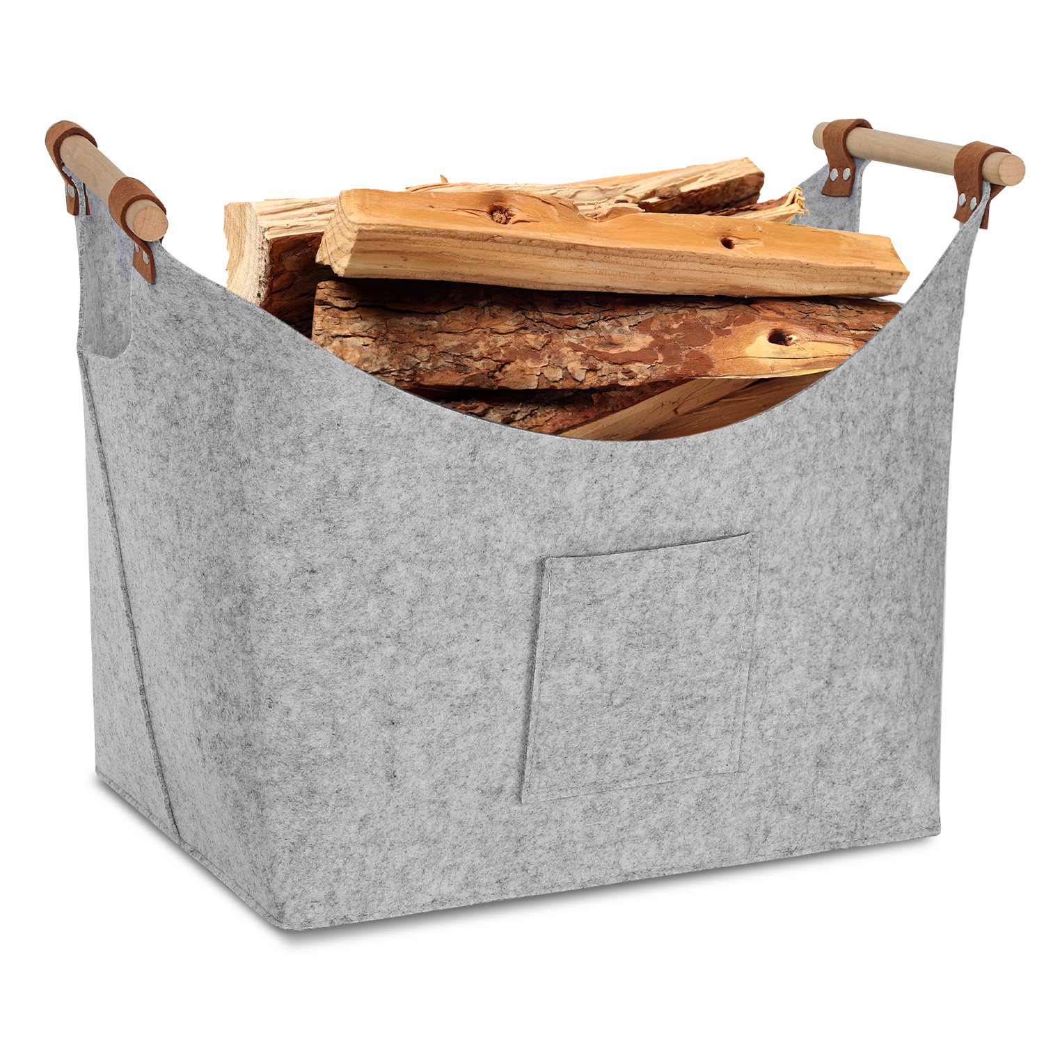 Jiubiaz Filzkorb Mit Holzgriffen Für Kaminholz, Faltbar, Ca. 57 L, 45 X 40 X 32 Cm, 3 Mm, Hellgrau