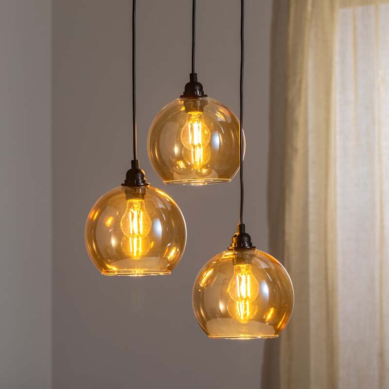 [neuwertig] B-ware Hängelampe Gold 021 3-flammig Ø20cm Glas Metall Dimmbar Schwarz-gold