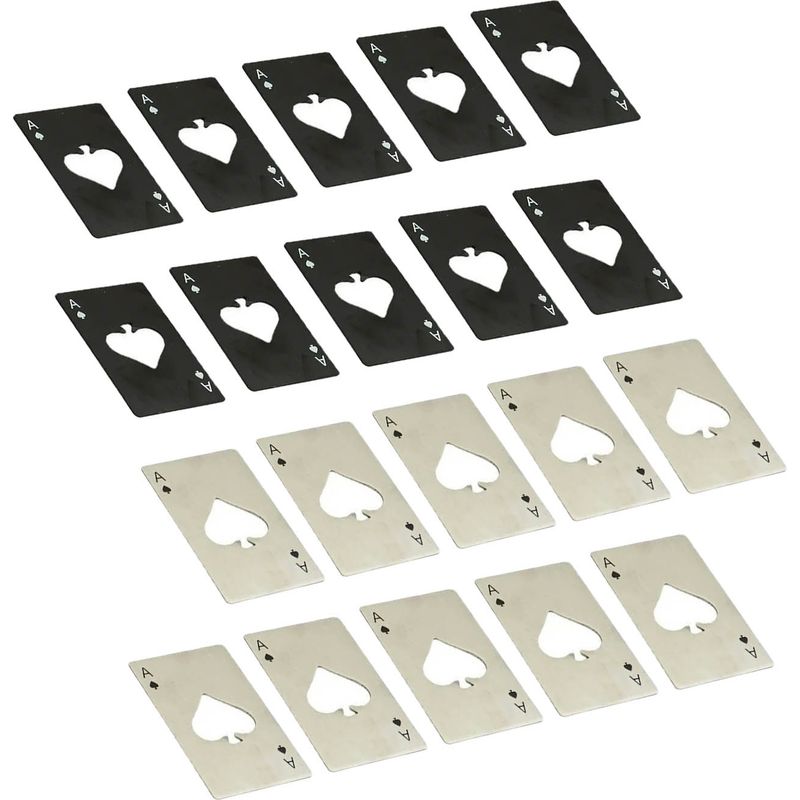 Set Mit 20 Flaschenöffnern In Spielkartenform Aus Schwarzem Und Silbernem Edelstahl, Inklusive Untersetzern Im Brieftaschenstil. Ideal Als Geschenk.