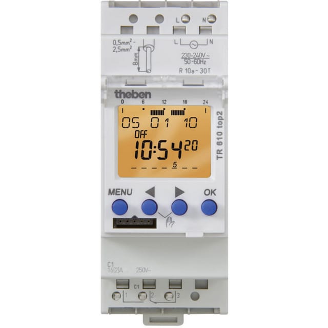 Theben Zeitschaltuhr digital 1-Kanal REG 7Tag 2TE TR 610 top2 G - 6100110