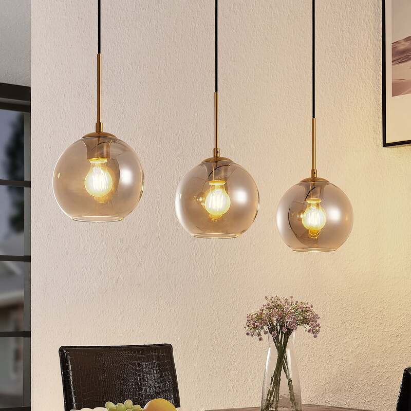[gebraucht] B-ware Lindby Hängeleuchte Hiwana Led Pendelleuchte Dimmbar Rauchgrau Messing 3-flammig