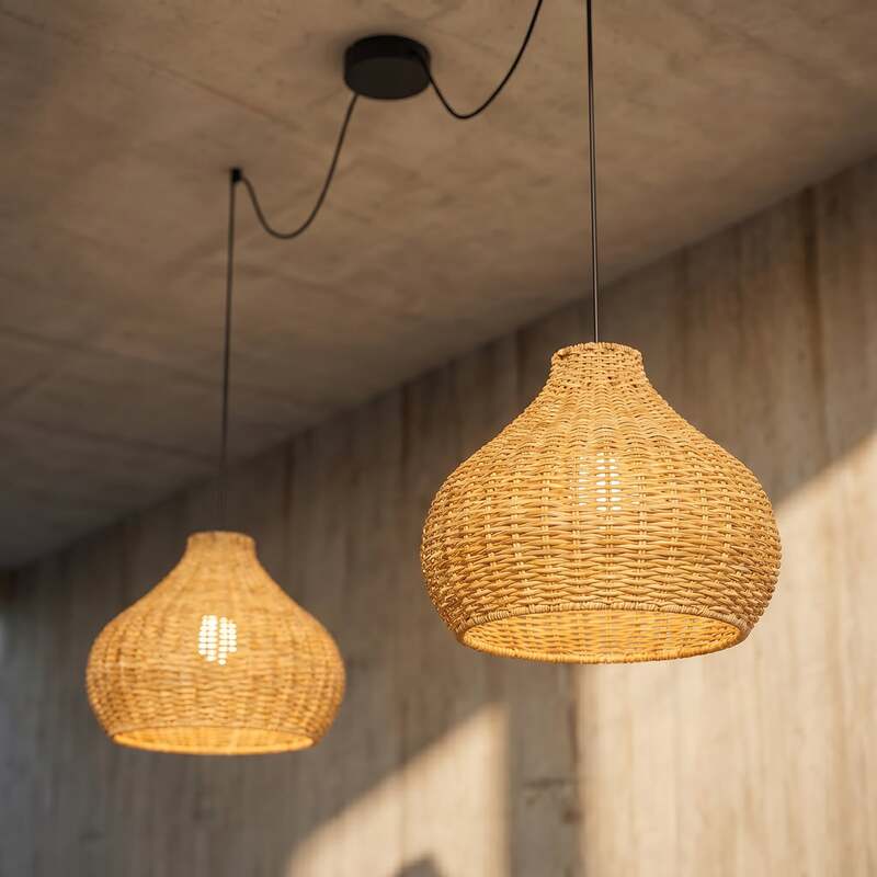 [neuwertig] B-ware Lucande Außenhängelampe Taniola 2-flg Rattan Beige Ip44 Dimmbar 100 Cm
