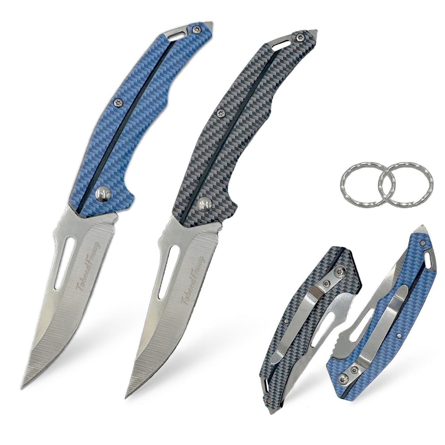 2er Set Klappmesser Edelstahl, Edc Taschenmesser Mit Schlüsselring, Blau & Grau