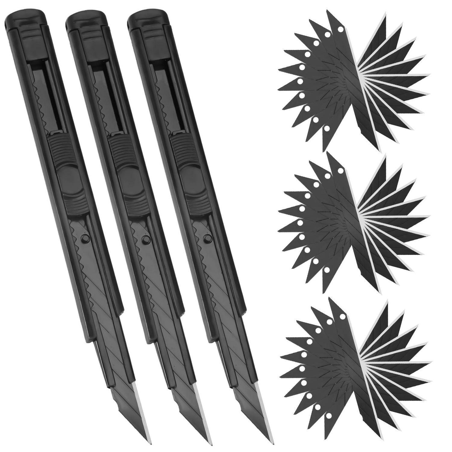 3er Set Cuttermesser 9mm Mit 30 Abbrechklingen, Einziehbar, Rostfreier Stahl