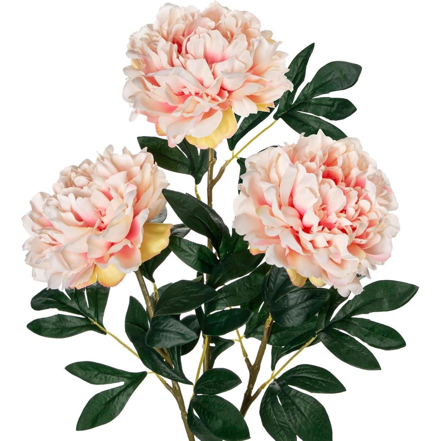 3er Set Künstliche Pfingstrosen 74cm, Kunstblumen Wie Echt, Real-touch, Weiß & Rosa