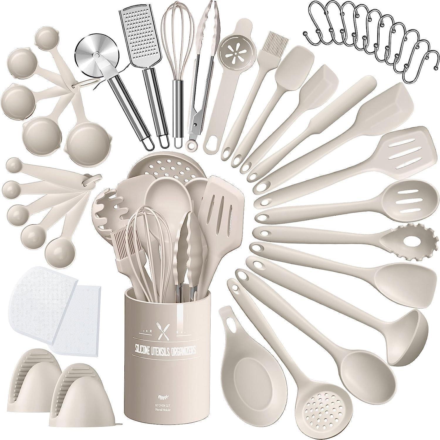 43-teiliges Küchenhelfer Set Aus Silikon, Hitzebeständig, Mit Halter, Khaki