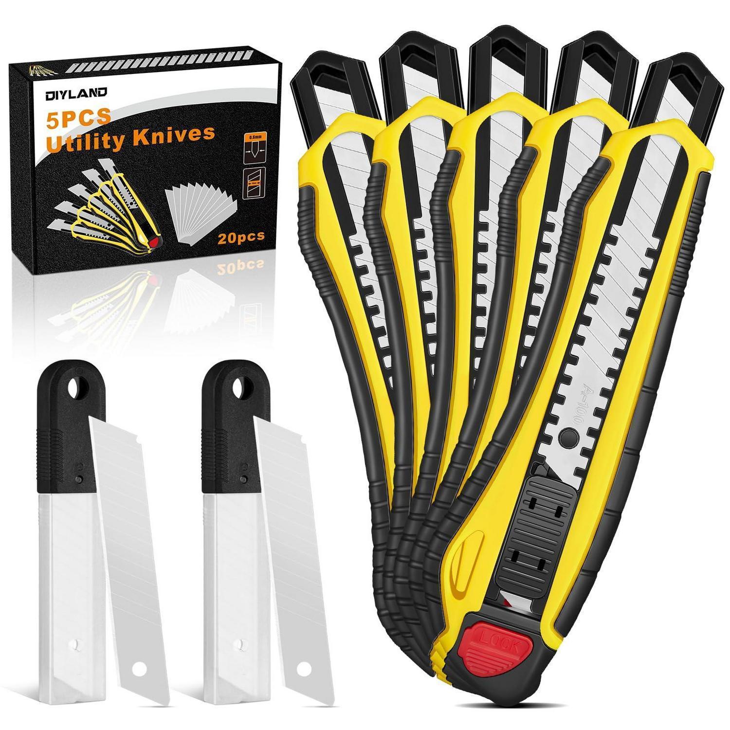 5er Cuttermesser Set Mit 20 Ersatzklingen, Teppichmesser Profi Mit Gummigriff