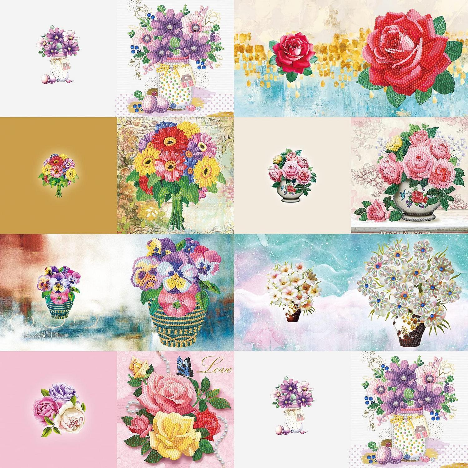 5d Diamant Malerei Grußkarten Set, Blumen & Vasen, Diy Bastelset, Dankeskarten
