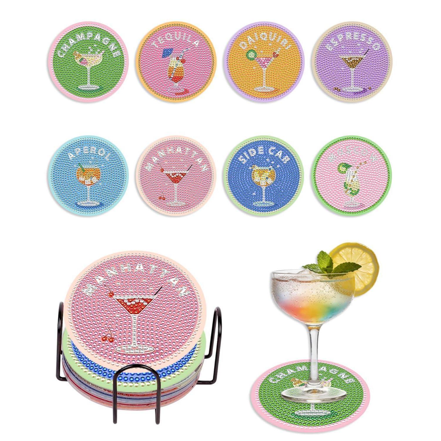 8er Set Diamond Painting Untersetzer Mit Ständer, Cocktail Motiv, Diy Bastelset