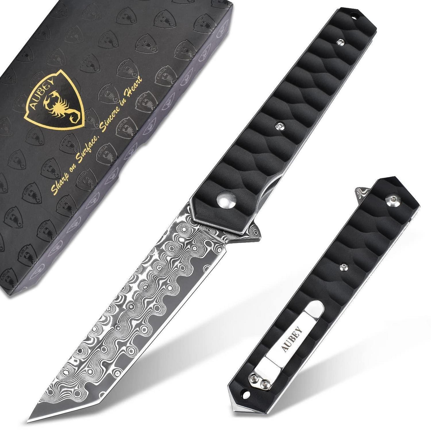 Damast Taschenmesser Einhandmesser Mit Glasbrecher, Tanto Klinge, Aluminium Griff, Gürtelclip