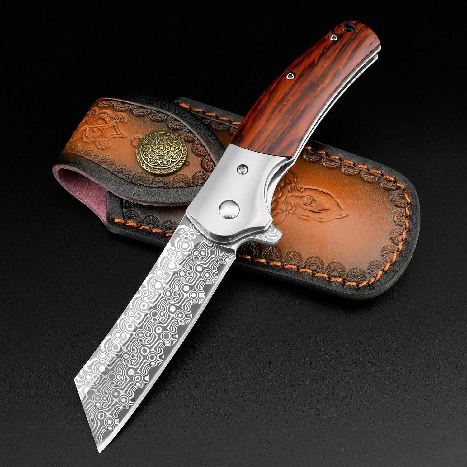 Damast Taschenmesser Mit Holzgriff, Einhandmesser Mit Gürtelclip, Jagd & Camping