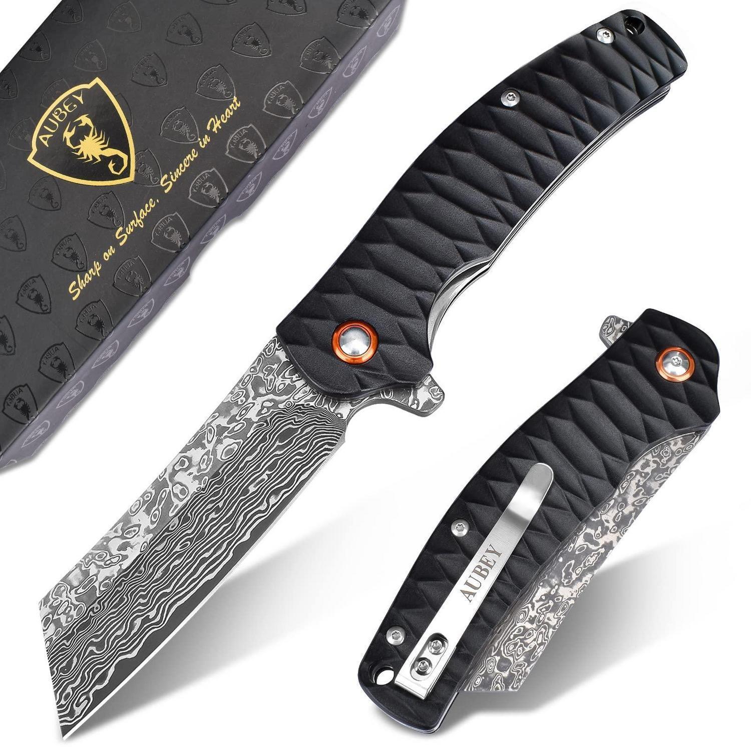 Damast Taschenmesser Einhandmesser Mit Gürtelclip, Scharfe Vg10 Klinge, Aluminiumgriff, Liner Lock