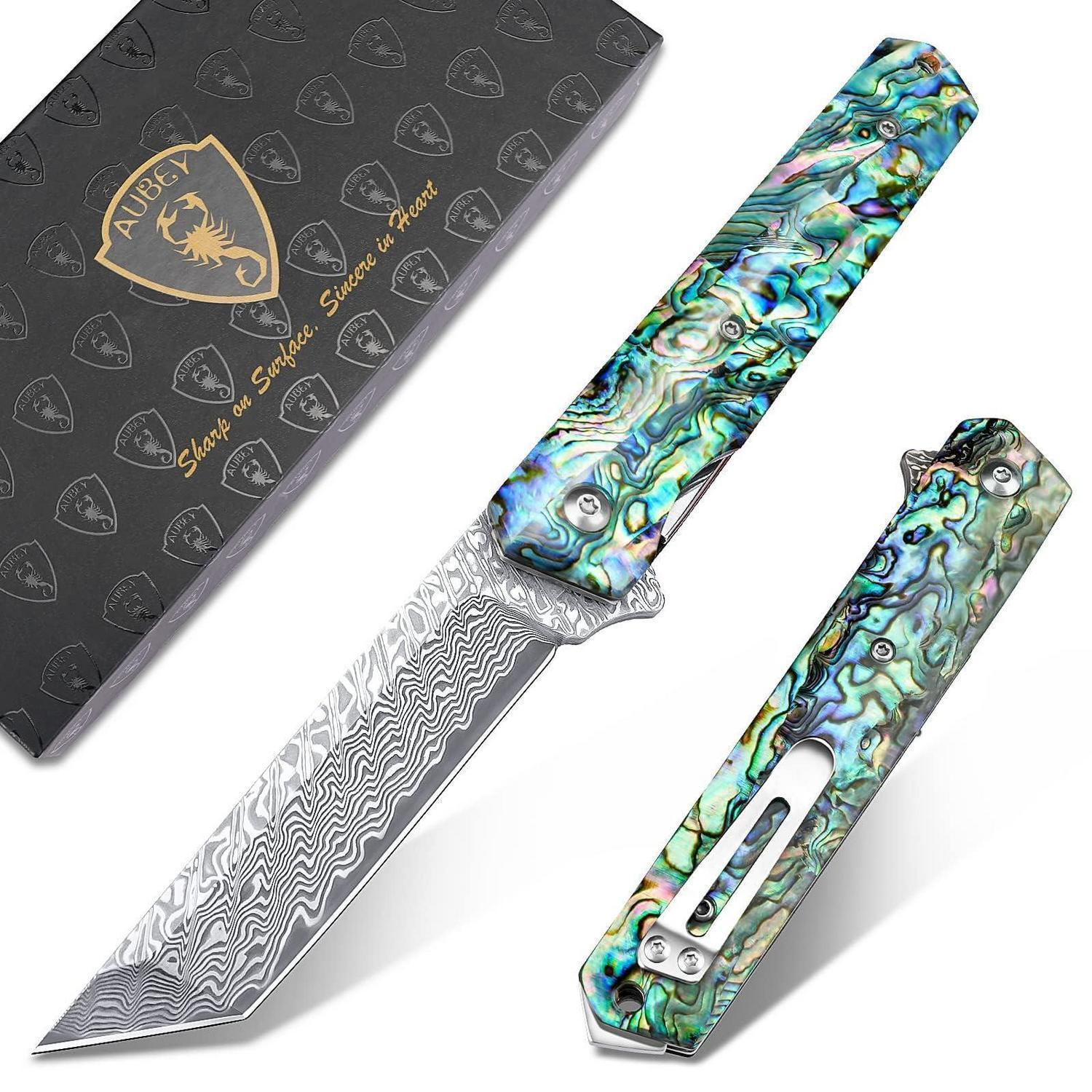 Damast Taschenmesser Klappbar Mit Abalone Griff Und Gürtelclip