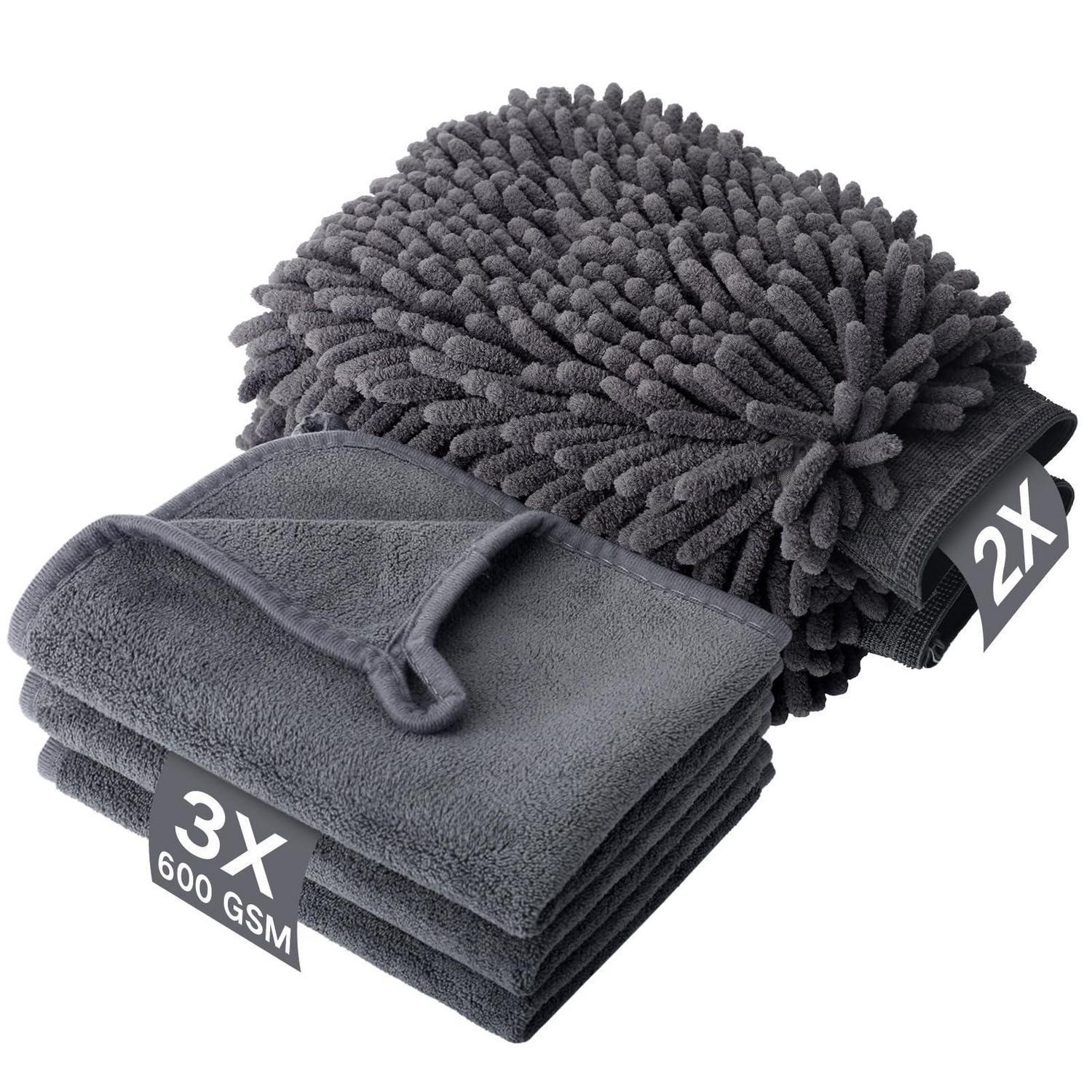 Autopflege Set 5tlg: 3x 600gsm Mikrofasertücher & 2x Waschhandschuhe, Super Saugfähig