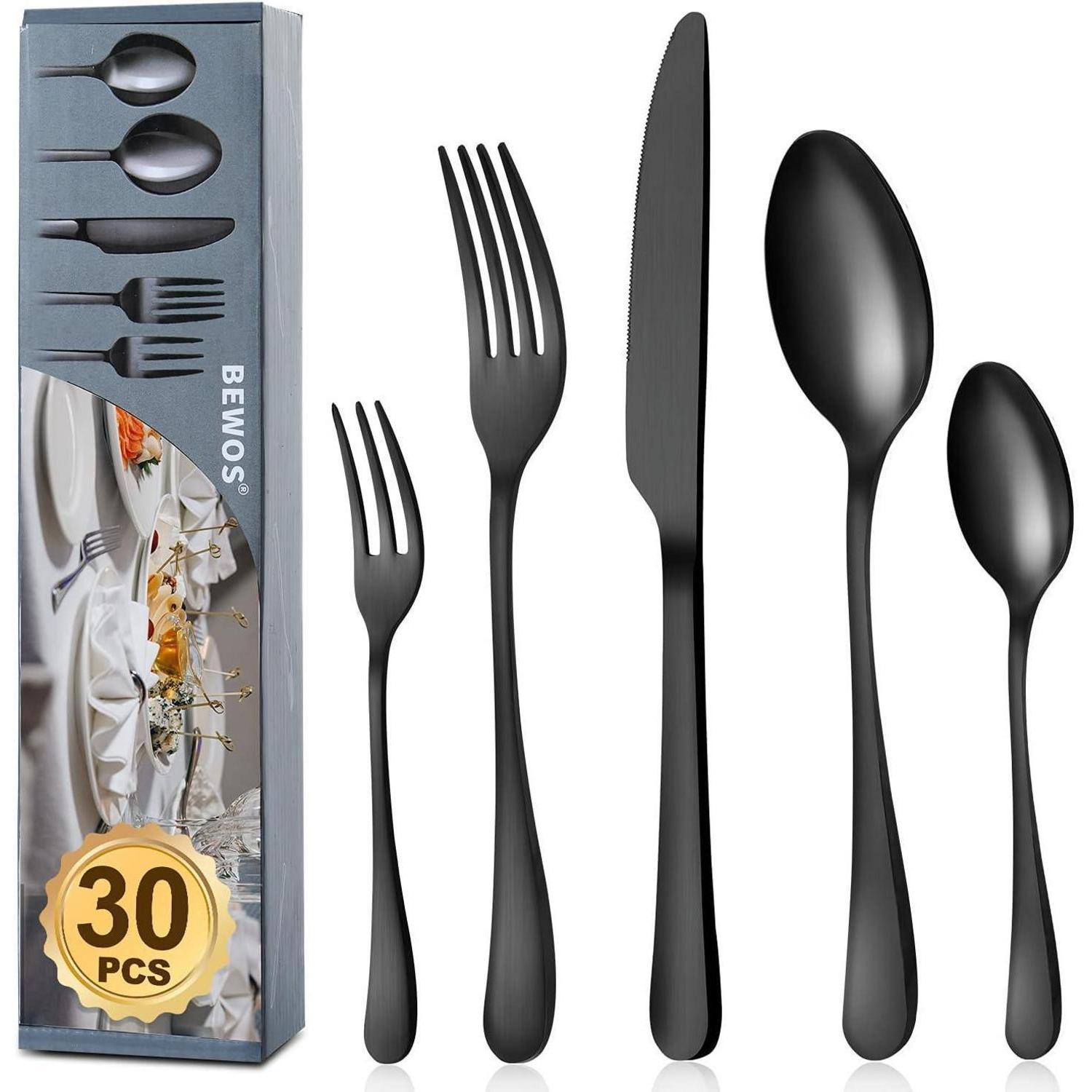 Besteckset 30-teilig Schwarz Matt Für 6 Personen, Edelstahl, Spülmaschinenfest