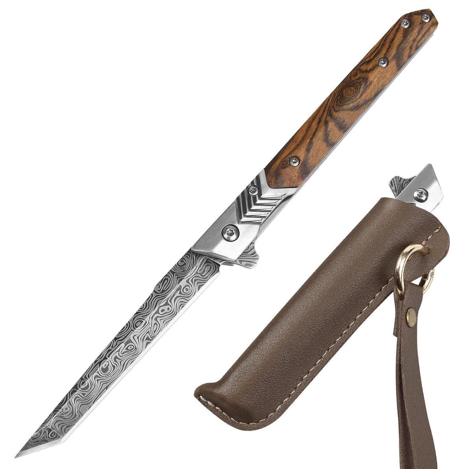 Klappmesser Mit Holzgriff Und Lederscheide, Einhandmesser Für Outdoor & Camping